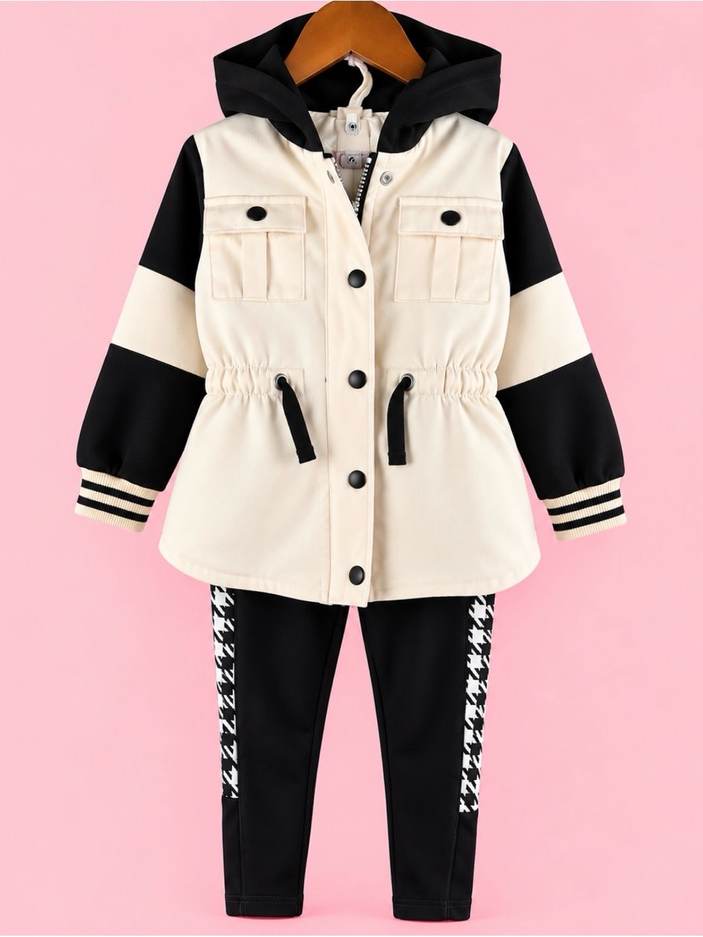 Layer 8 Girls 2 Piece Hooded Jacket Leggings Outfit Black Ivory 3T